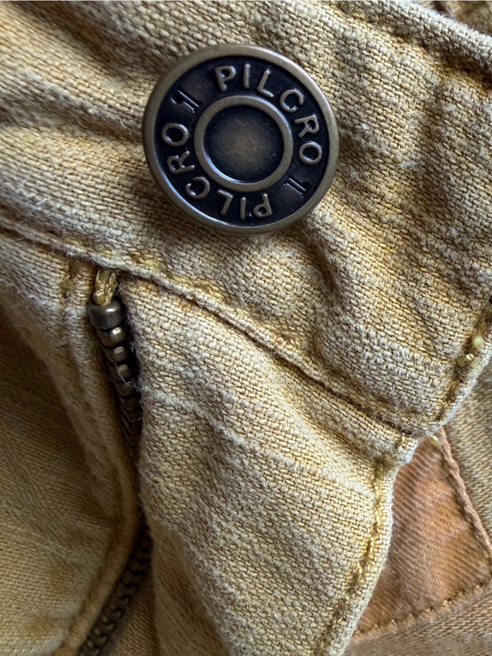 Pilcro denim cut off Brass Logo Button.. on Mustard fabric floral detail pockets